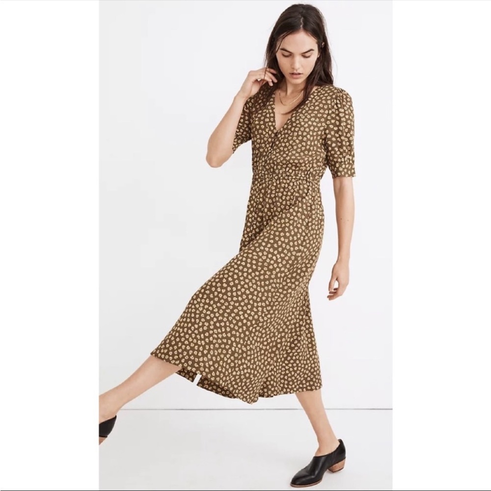 🍂 Madewell Woodcut Flowers Button Cuff Olive Green Floral Midi Dress 🍂